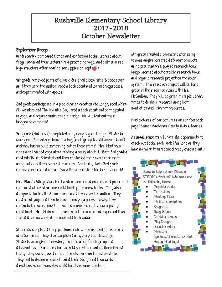 Rushville Elementary Library October Newsletter